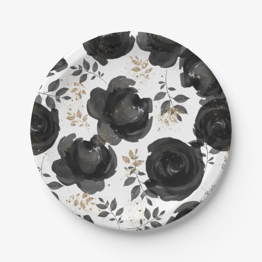 Black Gold Floral Glam Leaves Wedding Papieren Bordje (Voorkant)