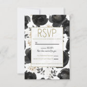 Black Gold Floral Glam Leaves Wedding RSVP Kaartje (Voorkant)