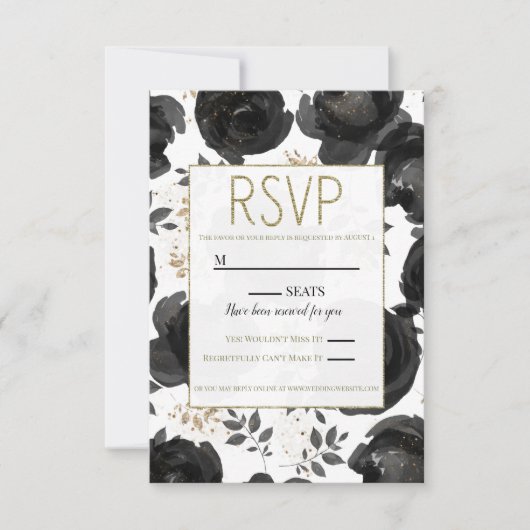 Black Gold Floral Glam Leaves Wedding RSVP Kaartje (Voorkant)