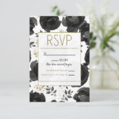 Black Gold Floral Glam Leaves Wedding RSVP Kaartje (Staand voorkant)