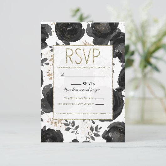 Black Gold Floral Glam Leaves Wedding RSVP Kaartje (Staand voorkant)