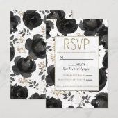 Black Gold Floral Glam Leaves Wedding RSVP Kaartje (Voorkant / Achterkant)