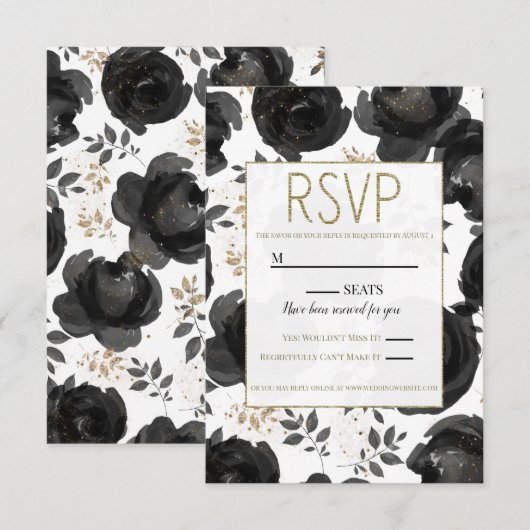 Black Gold Floral Glam Leaves Wedding RSVP Kaartje (Voorkant / Achterkant)