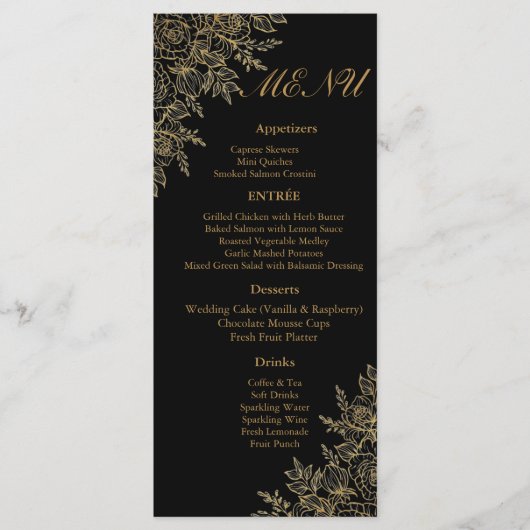 Black Gold Floral Glam Wedding Reception Menu Card (Voorkant)