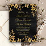 Black Gold Floral Islamic Muslim Wedding Kaart<br><div class="desc">Verrijk je gasten met deze elegante bruiloft-uitnodiging met een prachtig faux goudfloraal design en 'Bismillah' in Arabische kalligrafie. Voeg eenvoudig uw gebeurtenisdetails op deze makkelijk te gebruiken sjabloon toe om het één-van-een-soort uitnodiging te maken. Draai de kaart om een nepfoliestructuur op de achterkant van de kaart te laten zien.</div>