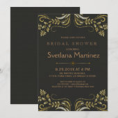 Black & Gold Floral Lace 2 Vrijgezellenfeest Invit Kaart (Voorkant / Achterkant)