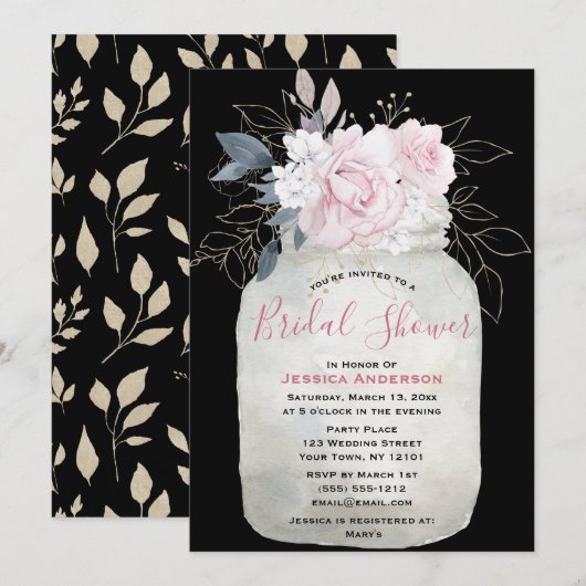 Black Gold Floral Mason Jar Vrijgezellenfeest Kaart (Voorkant / Achterkant)