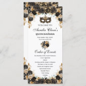 Black Gold Floral Masquerade Mask Quinceañera  Programmakaart (Voorkant / Achterkant)