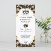 Black Gold Floral Masquerade Mask Quinceañera  Programmakaart (Staand voorkant)