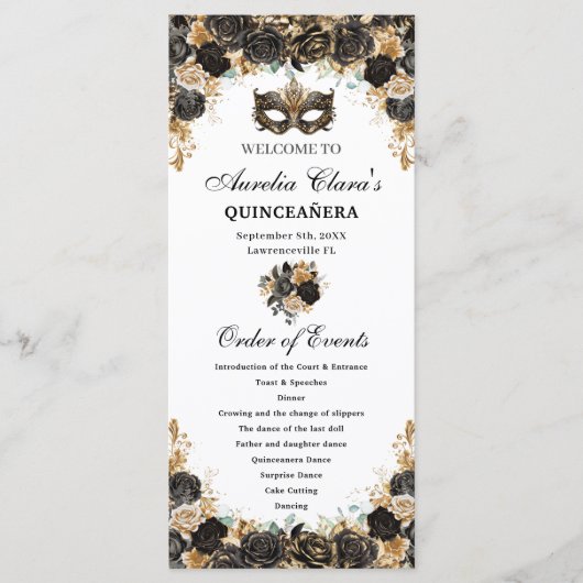 Black Gold Floral Masquerade Mask Quinceañera  Programmakaart (Voorkant)