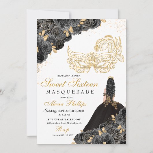 Black & Gold Floral Masquerade Sweet 16 Uitnodigin Kaart (Voorkant)