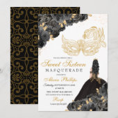 Black & Gold Floral Masquerade Sweet 16 Uitnodigin Kaart (Voorkant / Achterkant)