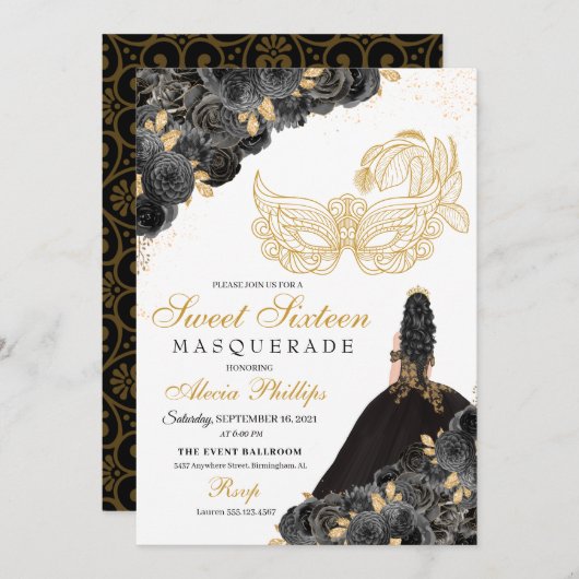 Black & Gold Floral Masquerade Sweet 16 Uitnodigin Kaart (Voorkant / Achterkant)