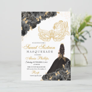 Black & Gold Floral Masquerade Sweet 16 Uitnodigin Kaart