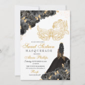Black & Gold Floral Masquerade Sweet 16 Uitnodigin Kaart (Voorkant)