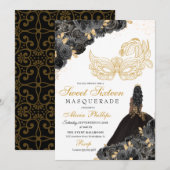 Black & Gold Floral Masquerade Sweet 16 Uitnodigin Kaart (Voorkant / Achterkant)