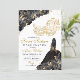 Black & Gold Floral Masquerade Sweet 16 Uitnodigin Kaart