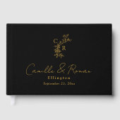 Black/Gold Floral Monogram Calligraphy Wedding Gastenboek (Voorkant)