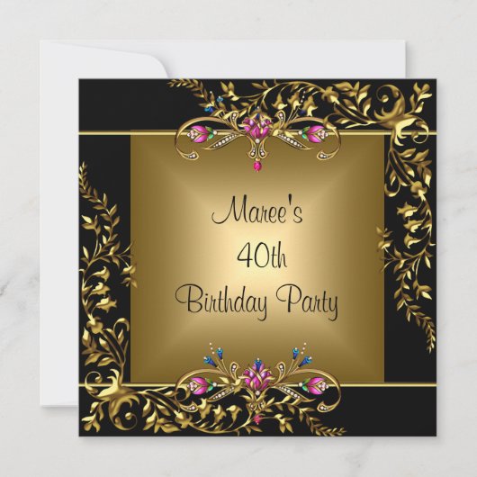 Black Gold Floral Pink 40e verjaardag Kaart (Voorkant)