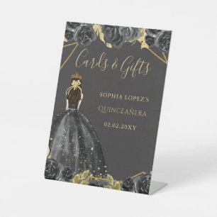 Black Gold Floral Princess Quinceanera Reclamebord Met Voetstuk