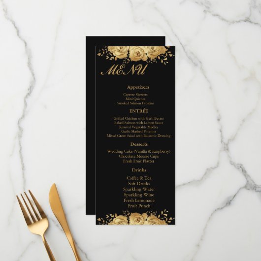 Black Gold Floral Rose Glam Wedding Reception Menu (Voorkant / Achterkant in situ)