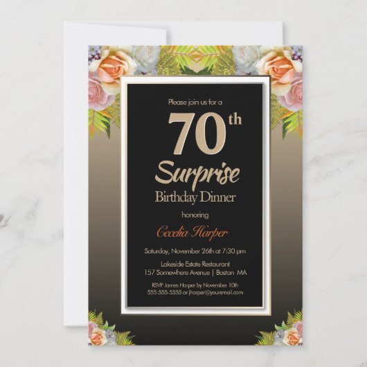 Black Gold Floral Surprise 70th Birthday Dinner Kaart (Voorkant)