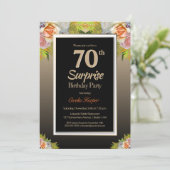 Black Gold Floral Surprise 70th Birthday Party Kaart (Staand voorkant)