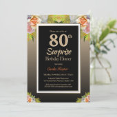Black Gold Floral Surprise 80th Birthday Dinner Kaart (Staand voorkant)
