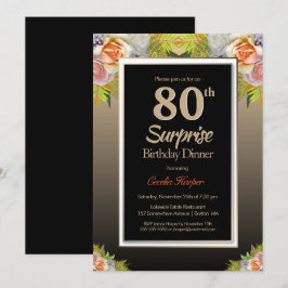 Black Gold Floral Surprise 80th Birthday Dinner Kaart