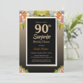 Black Gold Floral Surprise 90th Birthday Dinner Kaart (Staand voorkant)