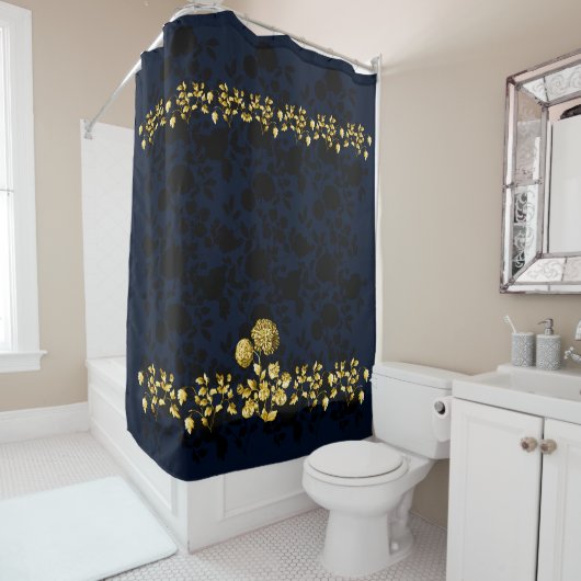Black Gold Floral Toile on Navy Blue Douchegordijn (In situ)