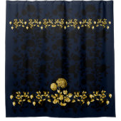 Black Gold Floral Toile on Navy Blue Douchegordijn (Voorkant)