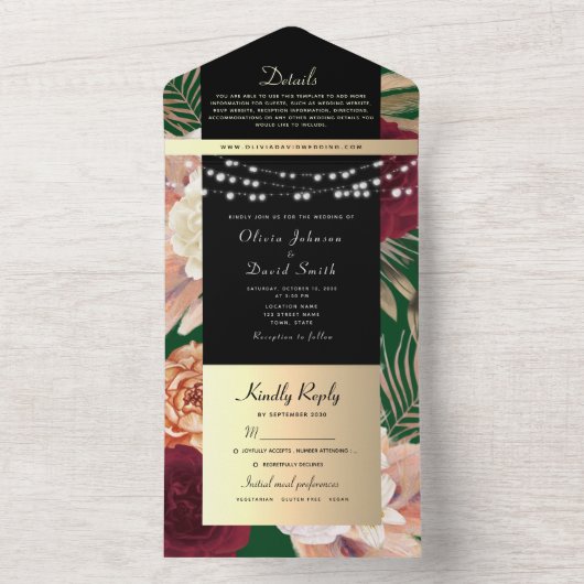 Black Gold Floral Wedding All In One Uitnodiging (Binnen)