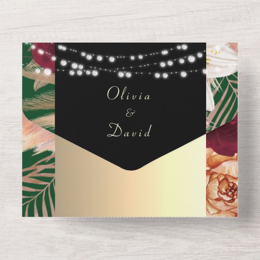 Black Gold Floral Wedding All In One Uitnodiging (Achterkant)