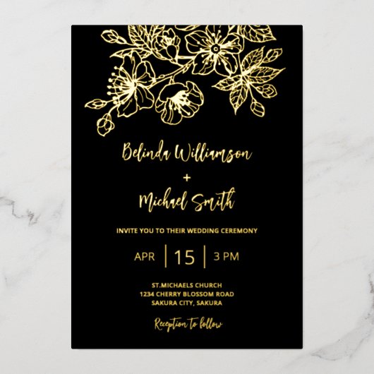 Black Gold Floral Wedding Folie Uitnodiging (Voorkant)