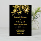 Black Gold Floral Wedding Folie Uitnodiging (Staand Voorkant)