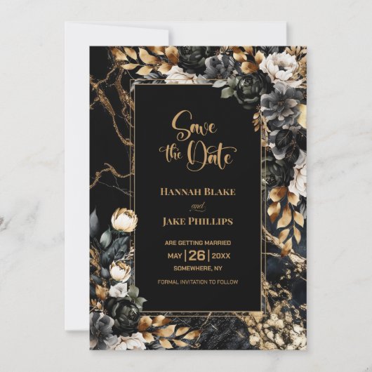 Black Gold Floral Wedding Save The Date (Voorkant)