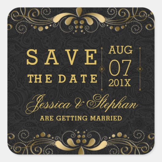 Black Gold Floral zwaait Lijst op datum opslaan Vierkante Sticker (Voorkant)