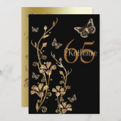 Black, Gold Flowers & Butterflies 65th Invitation Kaart (Voorkant / Achterkant)
