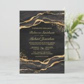 Black Gold Fluid Ink Photo Wedding Kaart (Staand voorkant)