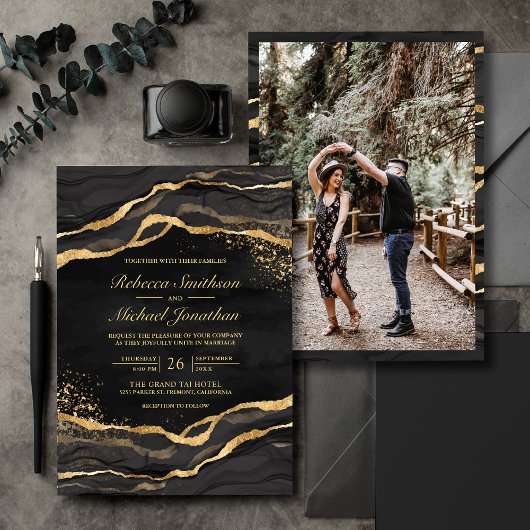 Black Gold Fluid Ink Photo Wedding Kaart