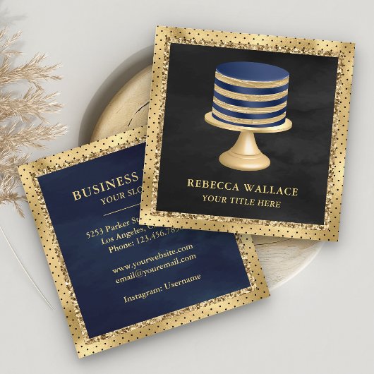 Black Gold Foil Aangepaste marine Blue Cake Bakery Vierkante Visitekaartje