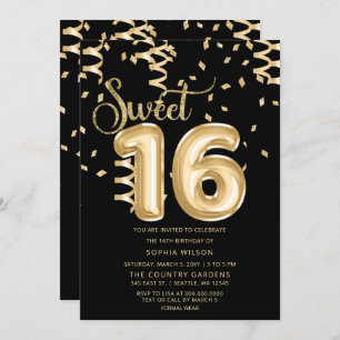 Black Gold Foil ballon Sweet 16 Birthday Kaart