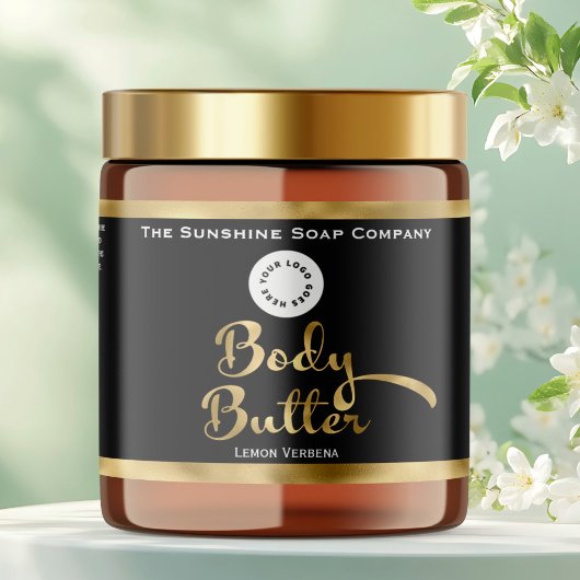 Black & Gold Foil Body Butter Jar Label with logo Waterfles Etiket