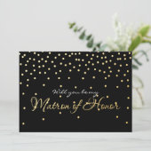 Black Gold Foil Confetti MATRON OF HONOR Kaart (Staand voorkant)