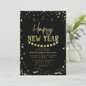 Black & Gold Foil Confetti Nieuwjaarsfeest Feestdagenkaart (Staand voorkant)