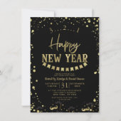 Black & Gold Foil Confetti Nieuwjaarsfeest Kaart (Voorkant)