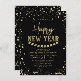 Black & Gold Foil Confetti Nieuwjaarsfeest Kaart