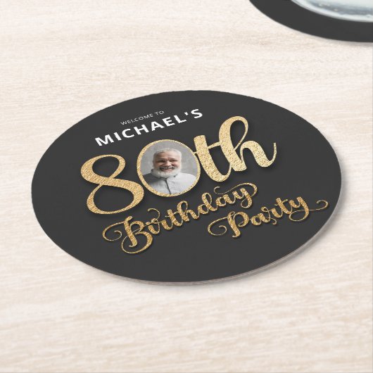 Black Gold Foil Custom Photo 80th Birthday Ronde Kartonnen Onderzetter (Gebogen)