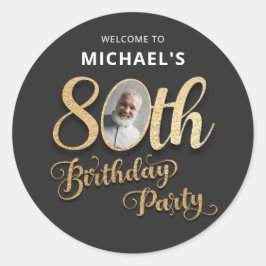 Black Gold Foil Custom Photo 80th Birthday  Ronde Sticker